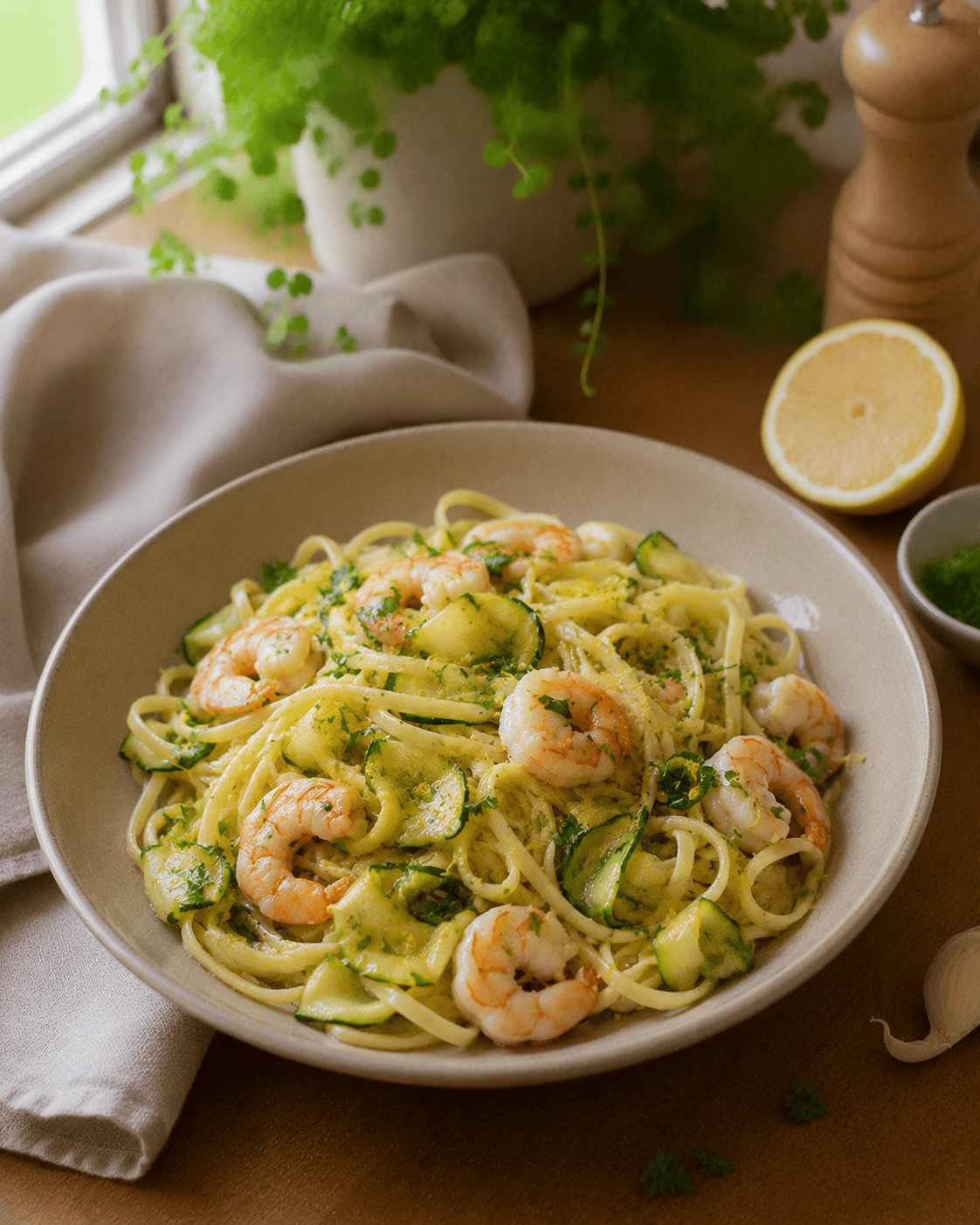 Linguine VS22 con Langostinos Frescos, Limón y Zucchini