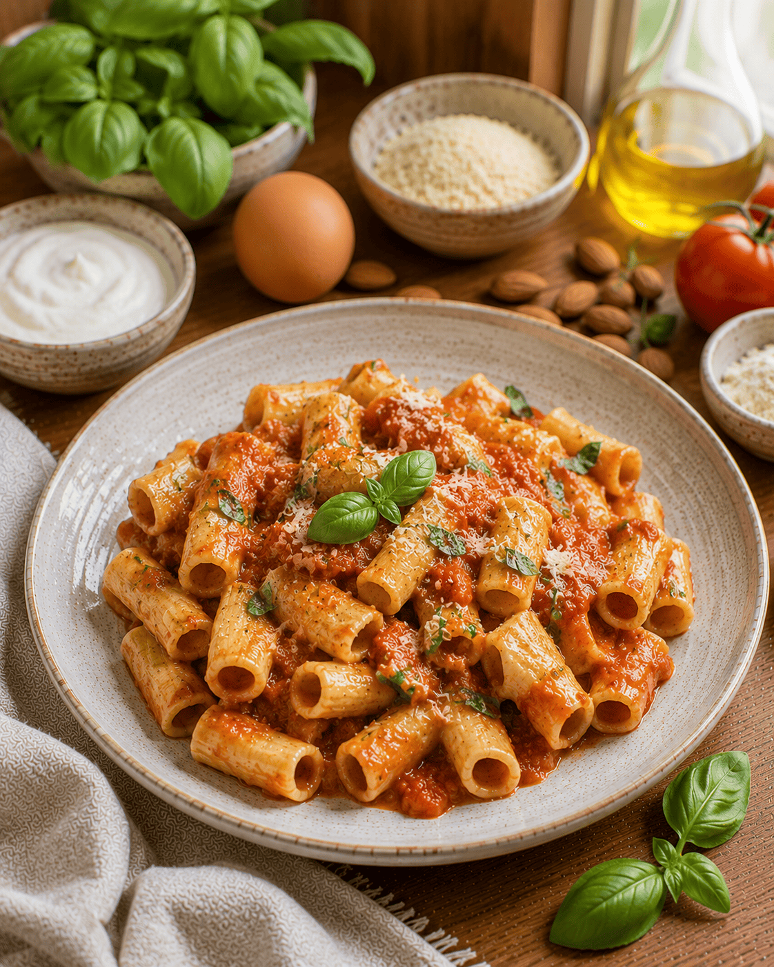 Rigatoni VS22 Simulados con Láminas Enrolladas y Salsa Pomodoro