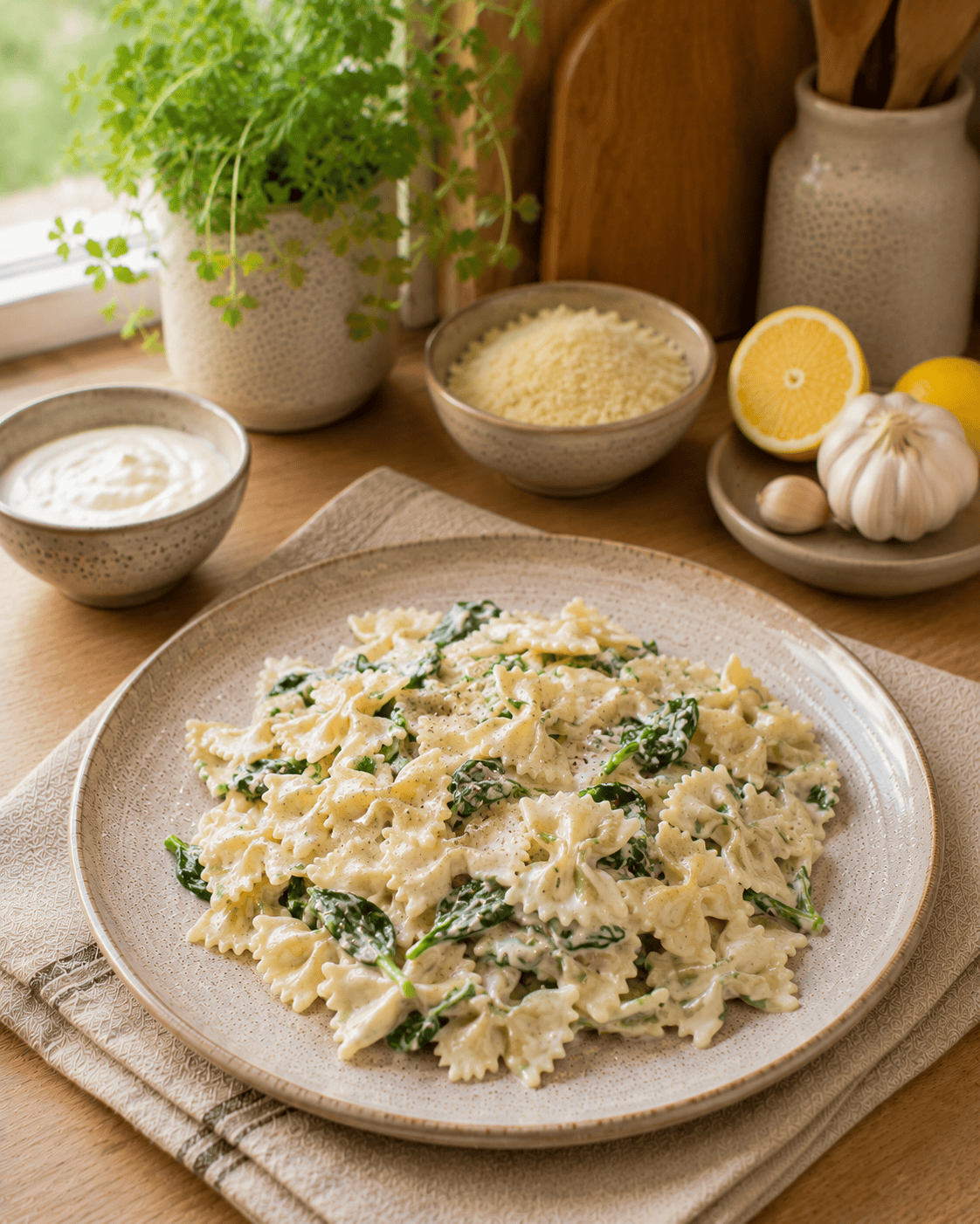 Farfalle VS22 de Almendra con Salsa Yogur-Limón y Espinaca