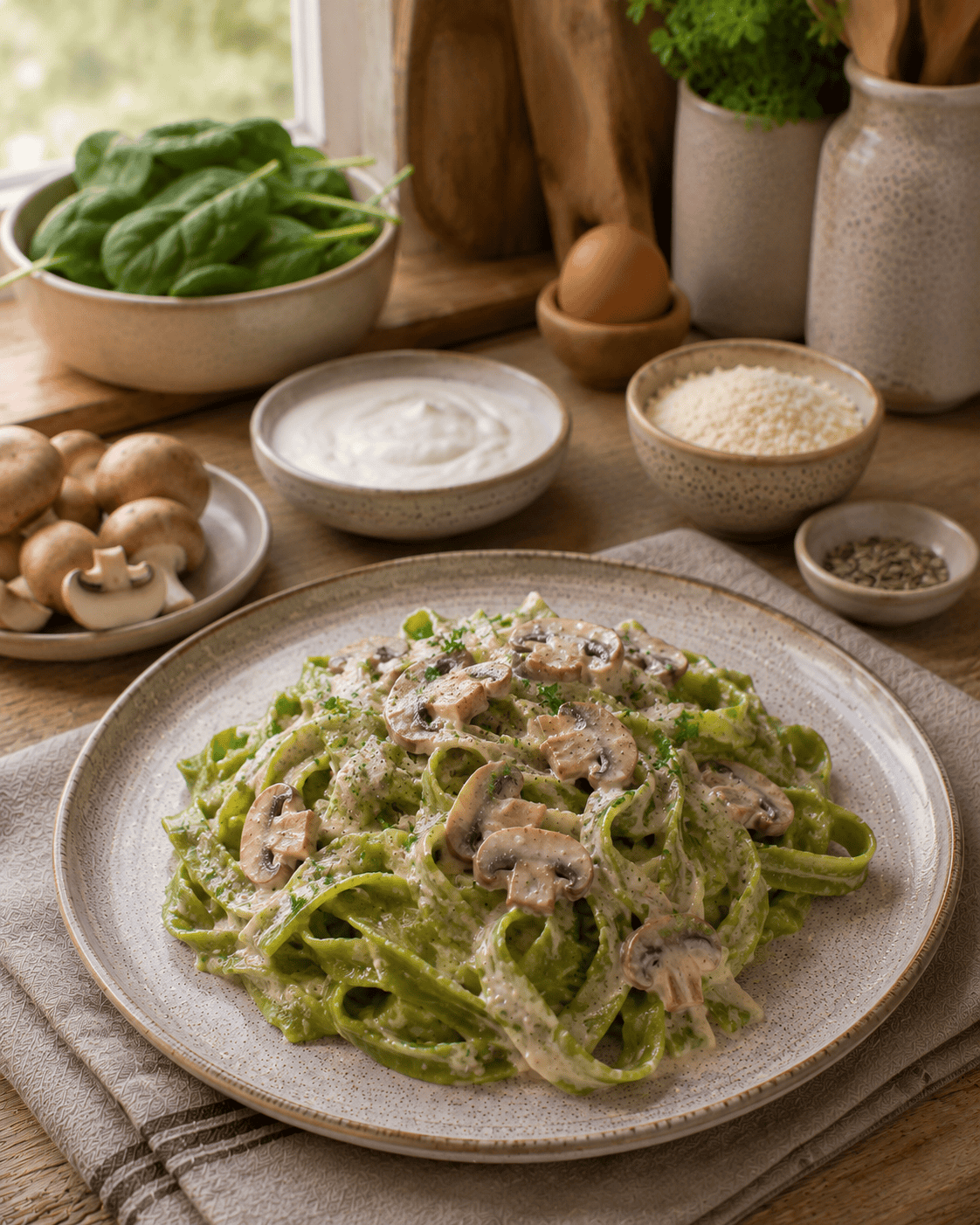 Cintas VS22 Verdes de Espinaca con Crema Liviana de Champiñones