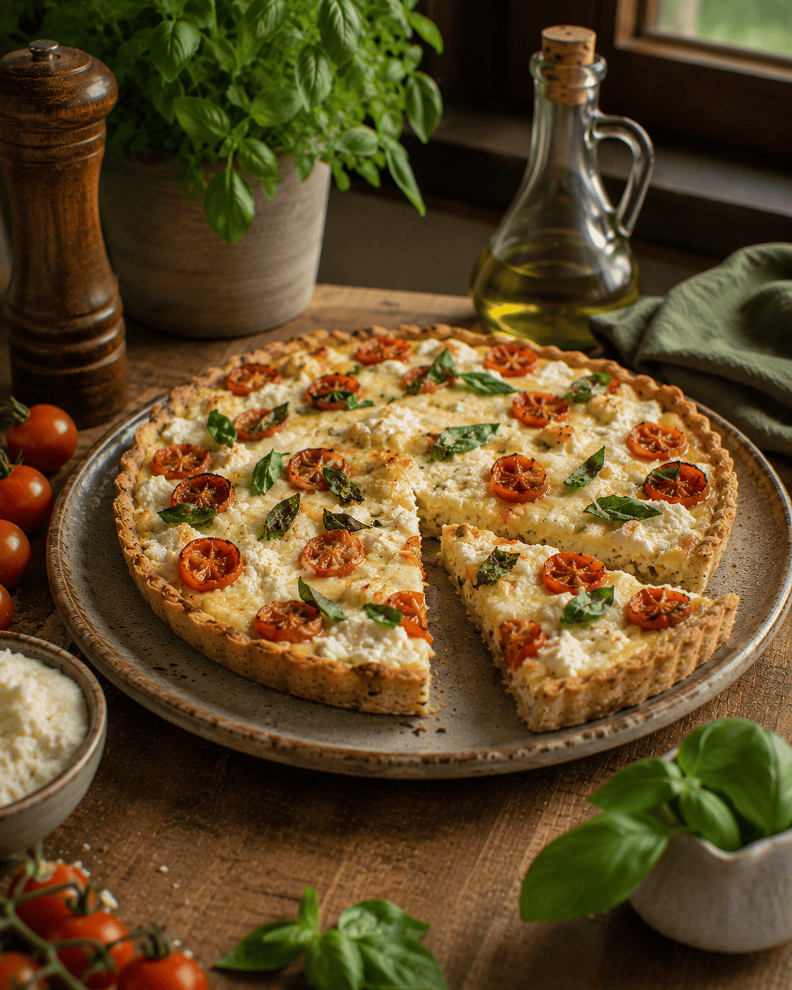 Tarta VS22 Abierta Tipo Pizza Blanca De Ricota, Tomate Y Albahaca